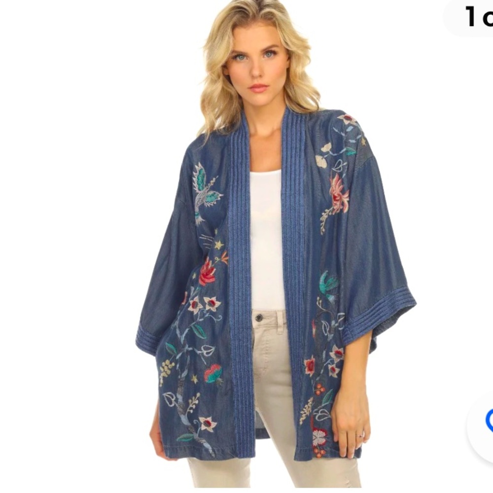 Johnny Was Blue Floral Embroidered Kimono